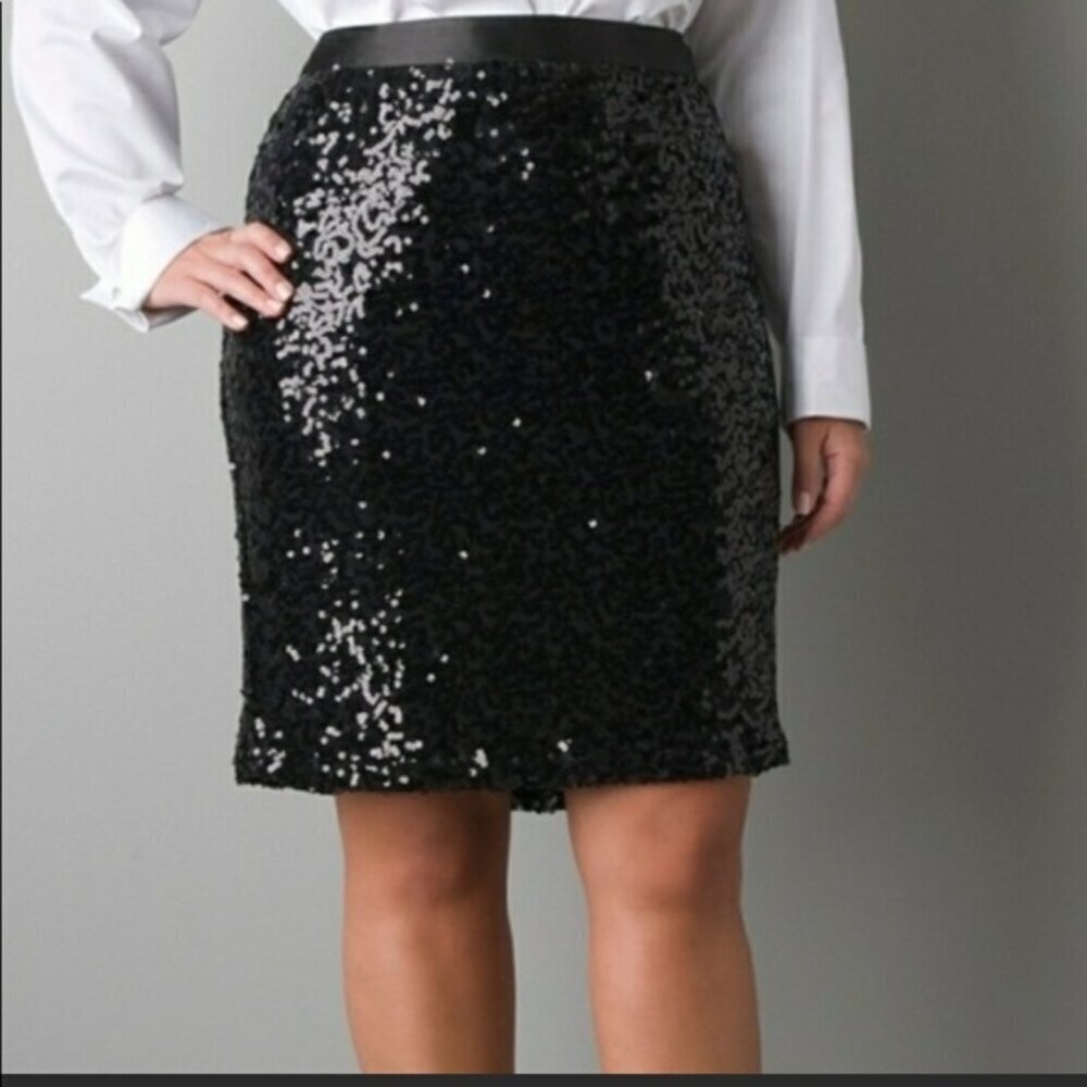 NEW Lane Bryant Size 22 Black Sequin Satin Waist Knee Length Skirt